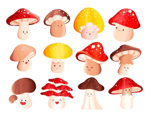 Vector watercolor set of cute mushroom character