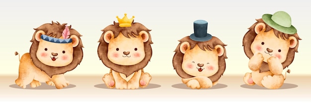 Vector watercolor set of cute safari lion