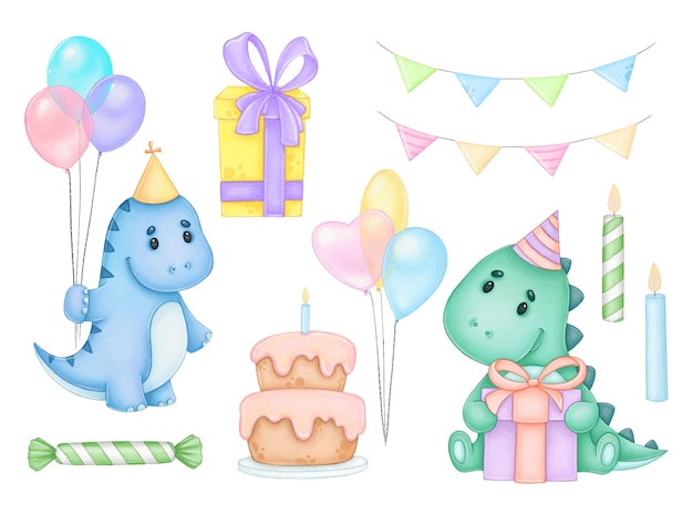 Vector watercolor set of dinosaurs and birthday