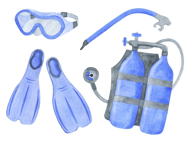 WATERCOLOR SET OF DIVING EQUIPMENT ON A WHITE BACKGROUND IN VECTOR