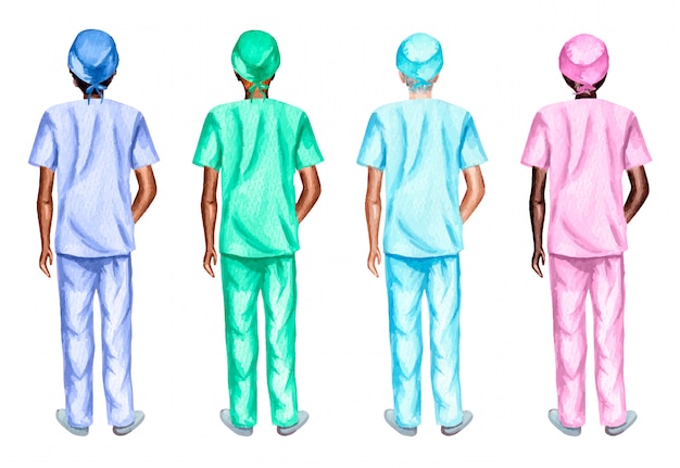 Watercolor set of female nurses standing back, isolated on white background.
