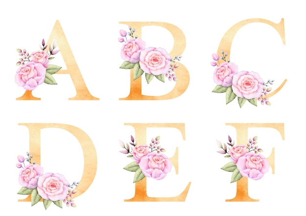 花のアルファベットの水彩画セット