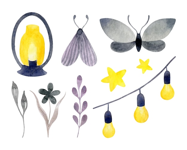 Watercolor set of floral elements garden lantern lightbulbs garland yellow stars and grey moths