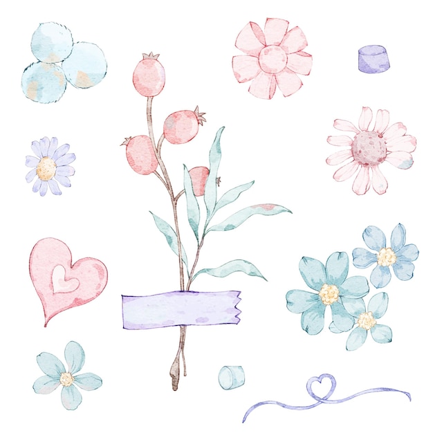 A watercolor set of flowers and a ribbon with the word love on it.
