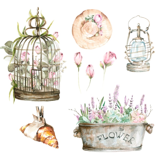 Vector watercolor set from france croissant birdcage with flowers of peony hat lantern basket and flowers