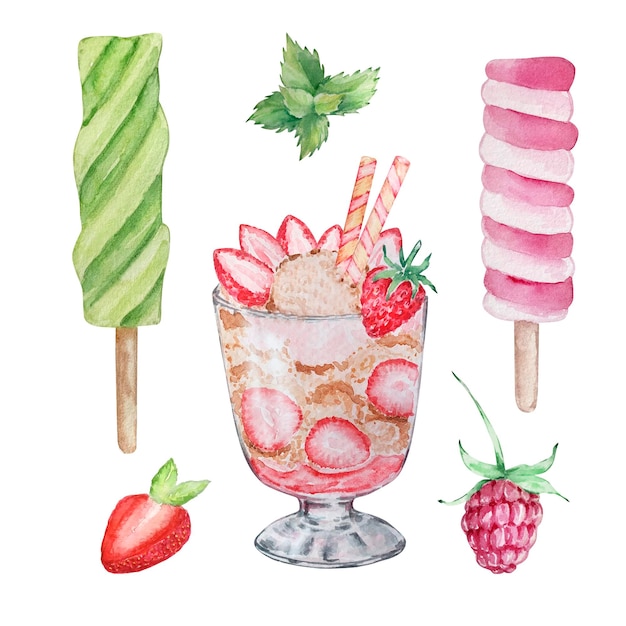 Vector watercolor set of fruit ice creamsxa