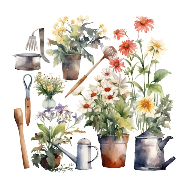 Vector watercolor set of gardening tools flowers and plants