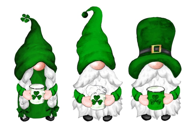 Vector watercolor set of gnomes with a mug of beer for st patrick's day