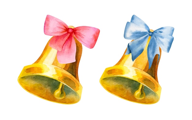Watercolor set of golden bells with bows isolated on a white background
