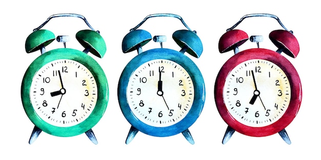 Watercolor set or green, blue and red old style alarm clocks