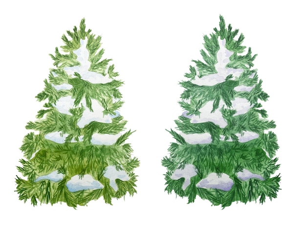 Vettore insieme dell'acquerello di alberi di conifere verdi isolati su bianco