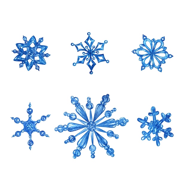 Акварельный набор нарисованных вручную голубых снежинок Стилизованные голубые кристаллы льда пышные тонкие поднимаются в скандинавском стиле