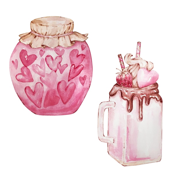 Watercolor set of hand drawn desserts, jar with hearts and mug with sweets isolated