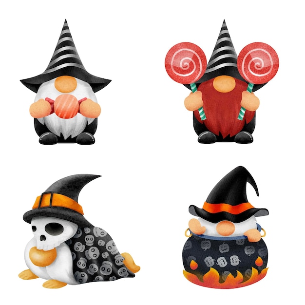 Watercolor set for hand-drawn gnomes of for halloween .illustration vector.