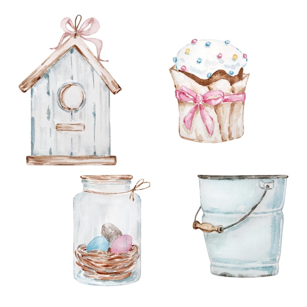 Watercolor set hand-painted Easter cake, glass jar with eggs, birdhouse and bucket.