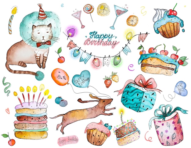 Watercolor set of Happy birthday cliparts on a transparent background in vintage style.