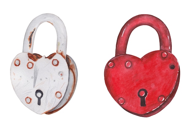 Watercolor set of heart shaped locks