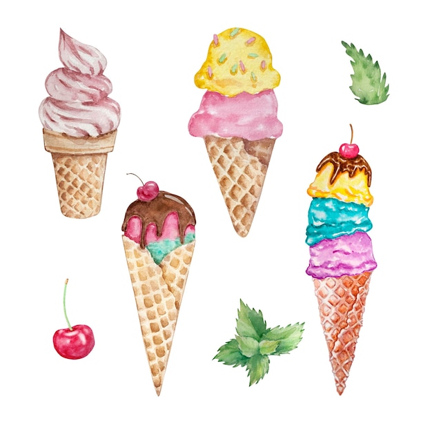 Vector watercolor set of ice creams in waffle cone cupsxa