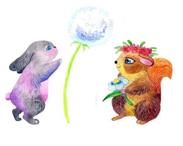 watercolor set of illustrations cartoon animals