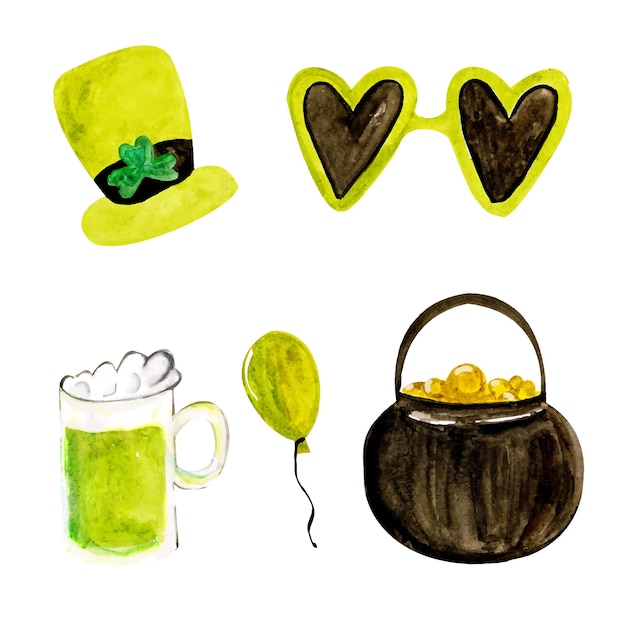 Vector watercolor set of illustrations for stpatrick day