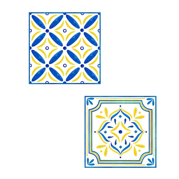 Watercolor set of Italian mediterranean lemons tiles