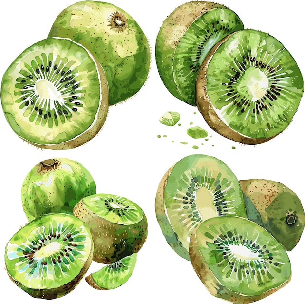 Vector watercolor set of kiwi fruit isolated on white background