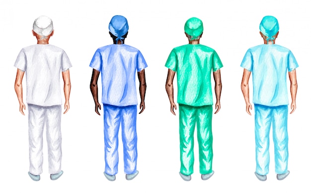 Vector watercolor set of male nurses standing back, isolated on white background.