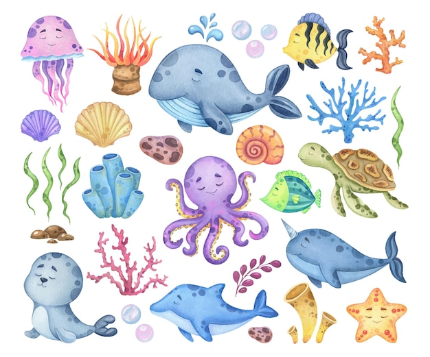 Vector watercolor set of marine animals and flora