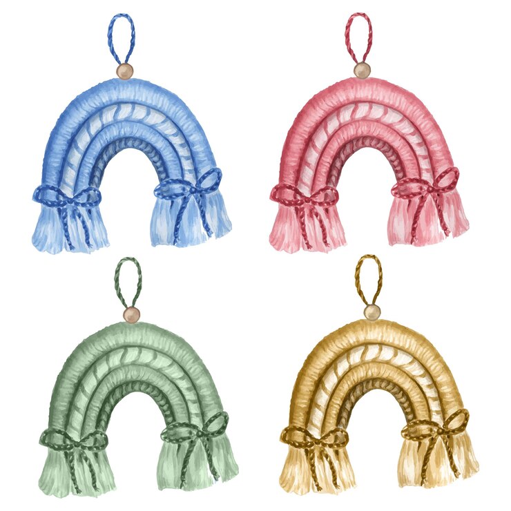 Vector watercolor set of multicolored macrame rainbow