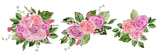 흰색 바탕에 핑크 장미 꽃다발의 수채화 세트