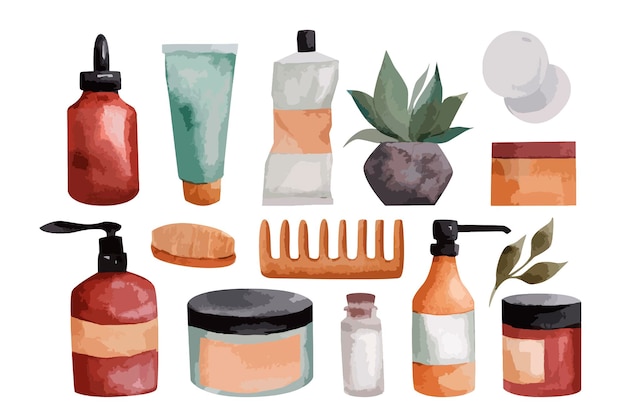 美容業界のデザインのためのスキンケア製品のスパオブジェクトの水彩セット