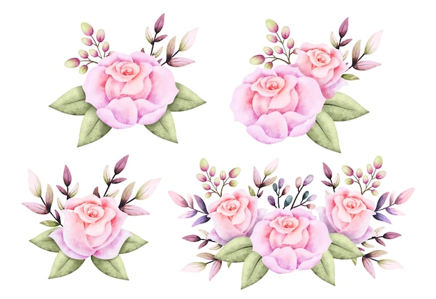 Watercolor set of rose flower wreath