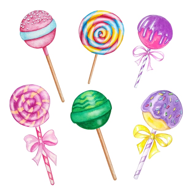 Watercolor set of six bright sweet multicolored round hand drawn lollipop