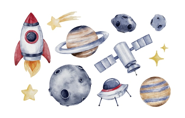 Vector watercolor set of space elements