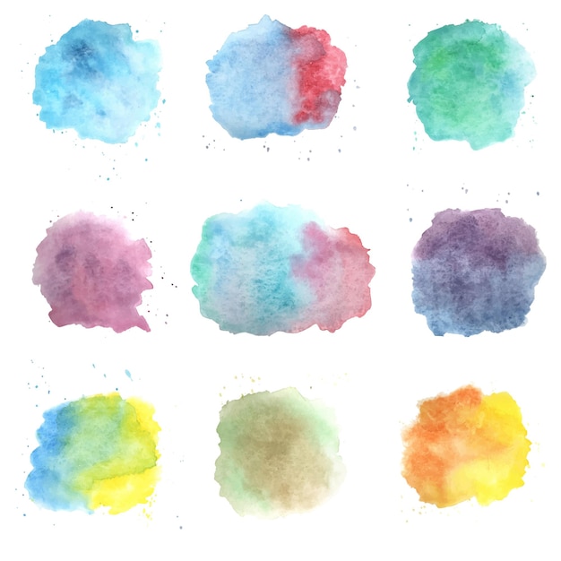 Watercolor set splash on white background. Vector isolated concept creative illustration. Pink, red, yellow, blue, green color.