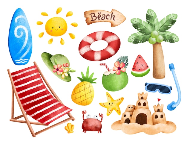 Vector watercolor set of summer clipart