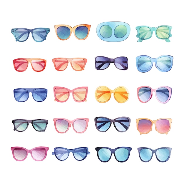 Vector watercolor set of summer sunglasses in different shapes and colours