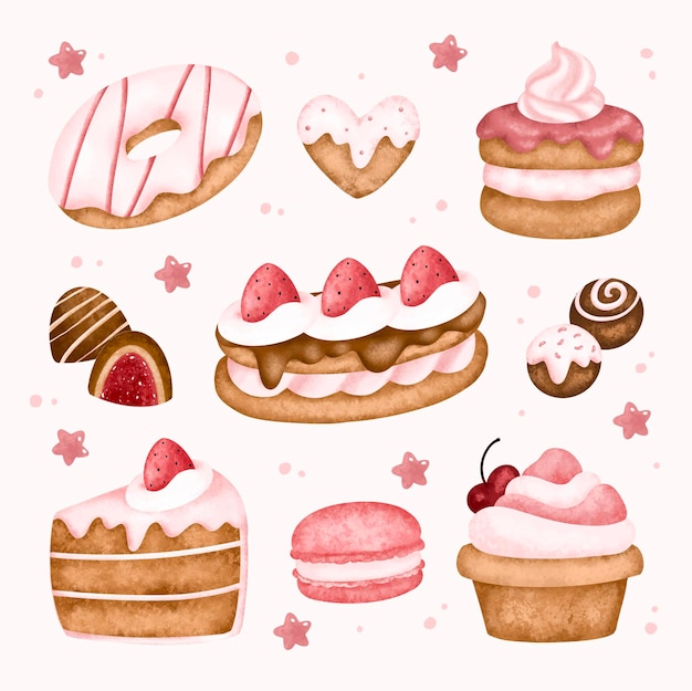 Watercolor set of sweet dessert