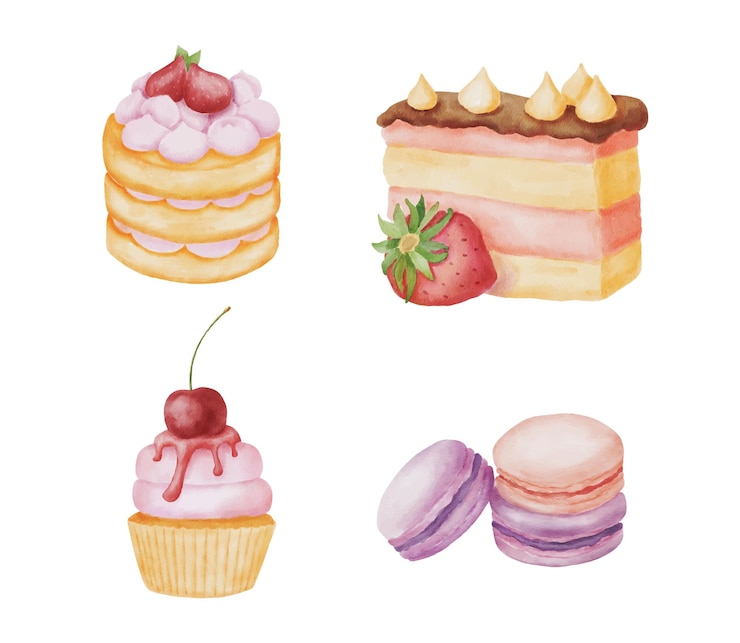 Vector watercolor set of sweet pastries