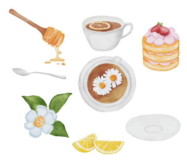 Watercolor set of tea sweets lemon and honey