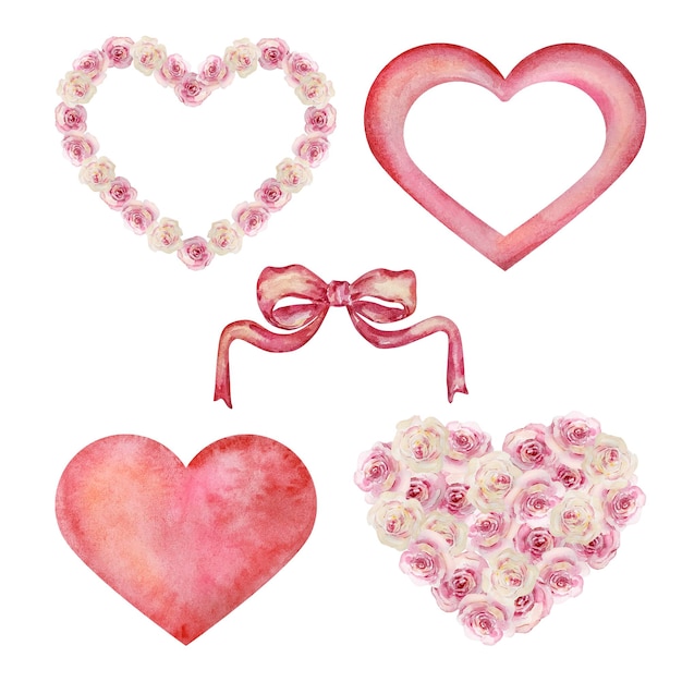 Vector watercolor set valentine's day bright hearts