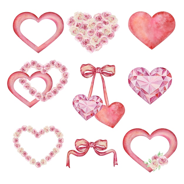 Watercolor set Valentine's Day bright hearts