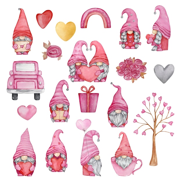 Watercolor set of valentine's day gnomes car rainbow and hearts