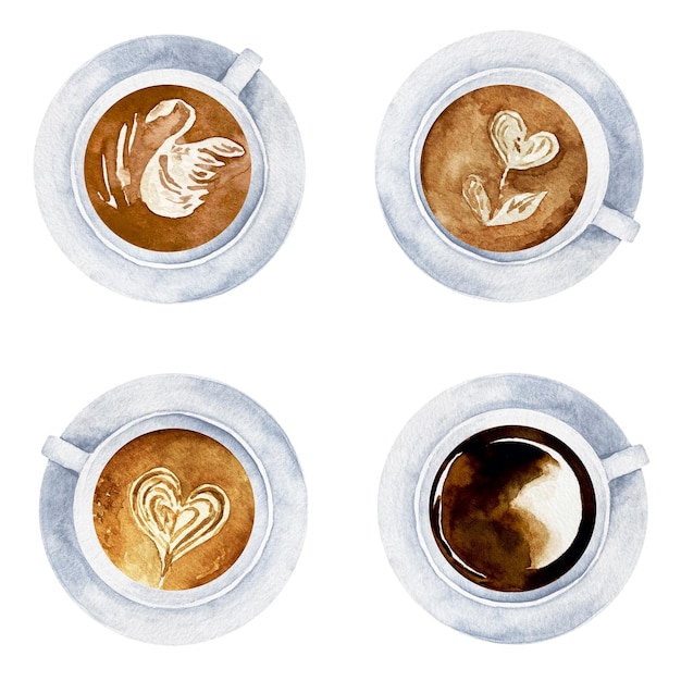 Vector watercolor set of white coffee cups with heart sign and latte art top view collection