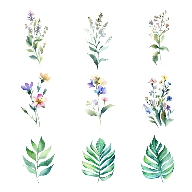 Watercolor set of wild flowers leaves and herbs hand painted illustration isolated on white backgr