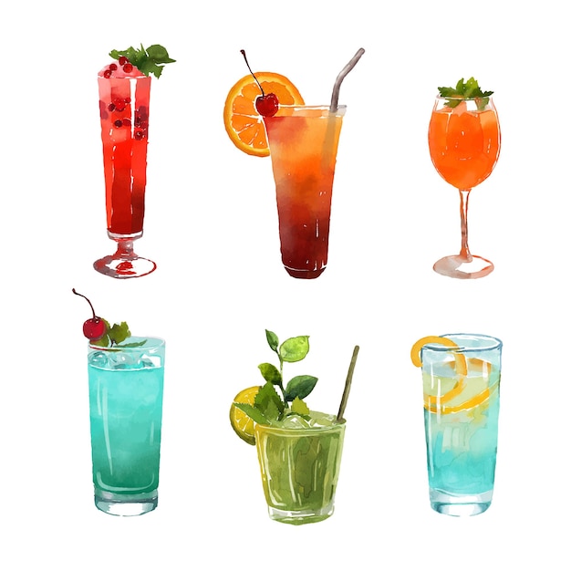 Set acquerello con cocktail di frutta luminosi