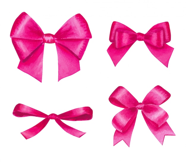 Watercolor  set with colorful pink satin bows, isolated on white