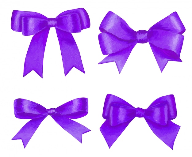 カラフルな紫色のサテンの弓、白で隔離される水彩セット。