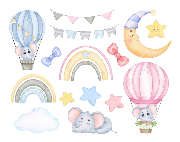 Set acquerello con elefante in una mongolfiera baby shower buona notte