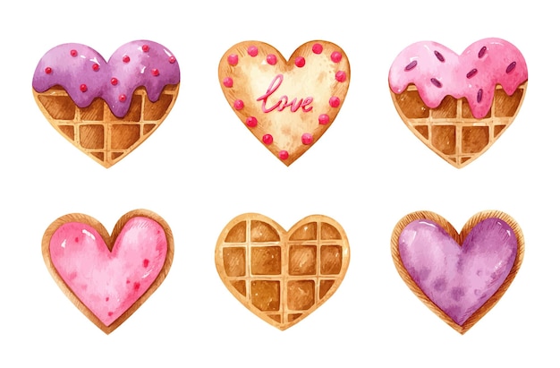 Watercolor set with heart shaped belgian waffles with glaze and cookies with berry filling and festive decor